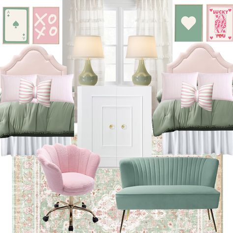 Pink and green cute and cozy dorm room. Dorm Ideas Green, Pink And Green Dorm Room, White Dorm Room, Cozy Dorm, Cozy Dorm Room, Dorm Design, Girl Dorms, Dorm Inspo, Girls Dorm Room