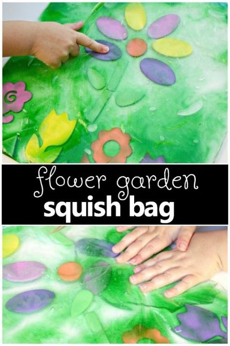 Flower Garden Sensory Squish Bag-Spring theme fun for toddlers and preschoolers. Great for your preschool flower theme too! Preschool Spring Theme, Preschool Flower Theme, Flower Sensory, Spring Lesson Plans, Spring Theme Preschool, Preschool Spring, Spring Lessons, Preschool Garden, Spring Toddler