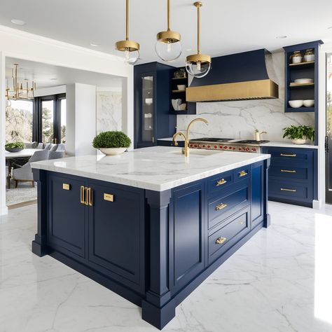 48 Modern Blue Kitchen Ideas: Bright Backsplashes and Stylish Islands Blue Cabinets Brass Hardware, Blue White Gold Kitchen, Kitchen Ideas Bright, Blue And Gold Kitchen, Modern Blue Kitchen, Blue Kitchen Ideas, Blue Ombre Hair, Blue Kitchen Cabinets, Gold Fixtures