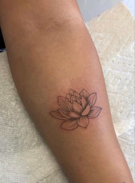 Dainty Filler Tattoo, Shaded Lotus Flower Tattoo, Flower Tattoos Arm Forearm, Side Tattoos Women Flower, Nana Tattoo Lotus Flower, Lotus Tattoo Realistic, Lotus Tattoo Aesthetic, Star Tatoos Woman, Lotus Flower Tattoo On Arm