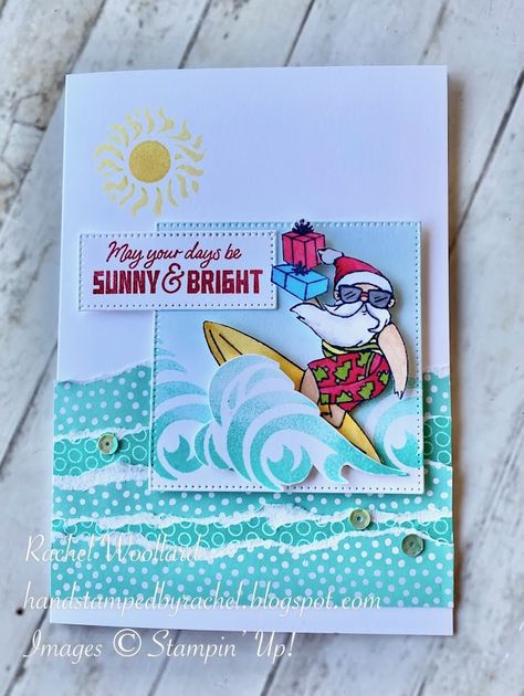 Heart of Christmas week 2 - Surfing Santa Stampin Up Surfing Santa, Surfing Santa Stampin Up Cards, Tropical Christmas Cards Handmade, Santa Jaws Card, Surfing Santa Drawing, Santa’s Delivery Stampin Up Cards, Nativity Christmas Cards, Pinterest Cards, Santa Stamp