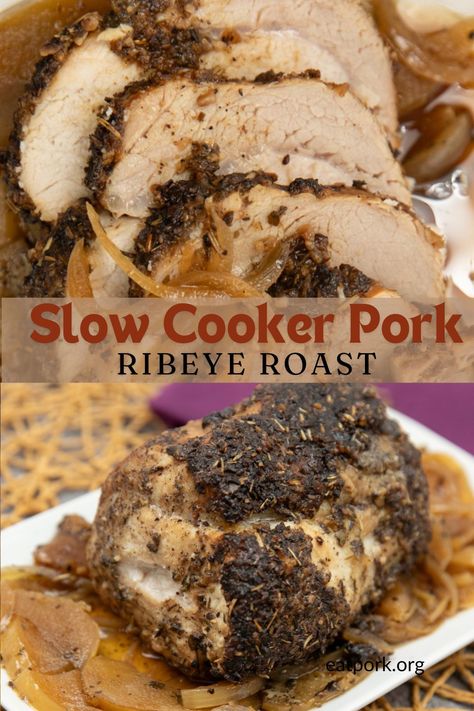 Looking for an easy and delicious meal idea that's melt-in-your-mouth tender, simple, and conventient? Our Slow Cooker Pork Ribeye Roast is just what you need! This dish is incredibly tender and flavorful, thanks to the magic of slow cooking. https://www.eatpork.org/slow-cooker-pork-ribeye-roast/ Pork Ribeye Roast Crockpot, Pork Ribeye Roast Recipes Crockpot, Pork Rib Roast Boneless Slow Cooker, Pork Ribeye Roast Recipes, Pork Rib Roast Boneless, Pork Ribeye Roast, Slow Cooker Pork Roast Recipe, Pork Ribeye, Bbq Pork Loin