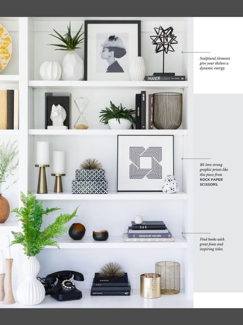 How To Style Long Shelves, Modern Shelves Decor, Black And White Shelf Decor, Shelve Decoration Ideas, Shelf Decor Black And White, How To Style Shelves Living Room, Decorating Bookshelves Living Room, Office Bookshelf Styling, Bookshelves Decorating Ideas