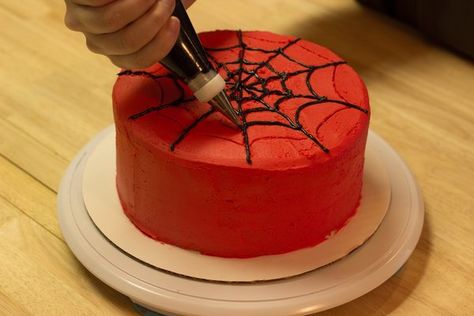 The thought of spiderwebs on a cake may conjure up unpleasant images, but if a cake is decorated with Spider-Man-styled frosting webs, that changes the story. Make a Spider-Man birthday party complete by decorating a cake that would make the superhero proud. To ensure your success, get the right tools to make cake decorating easy. With a little... Birthday Cake For Men Easy, Geek Cake, Cake Superhero, Cupcakes Images, Turtle Cakes, Pirate Cakes, Minion Cakes, Spider Man Web, Lego Invitations