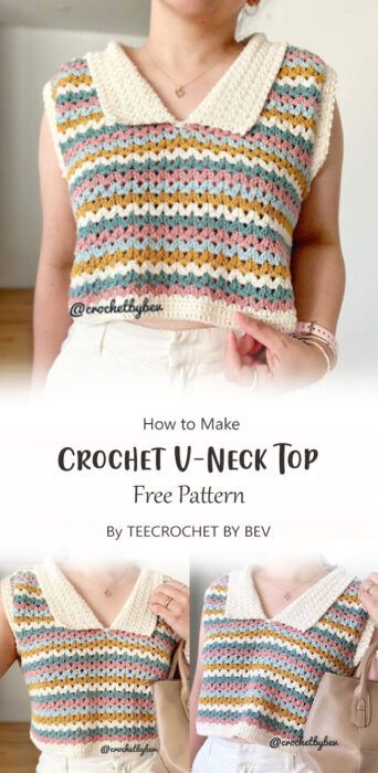 Easy Fruits Pouch Free Crochet Pattern Ideas - Carolinamontoni.com Crochet Collar Shirt, Crochet Collar Top Patterns Free, Simple Crochet Top Pattern Free, Crochet Shirt Free Pattern, Trendy Crochet Tops, Crochet V Neck, Crochet Clothing Patterns, Crochet Tee, Crochet Project Ideas