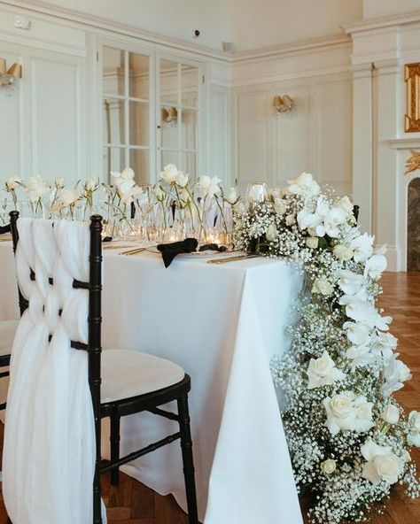 Hannah Baskett - Wedding Designer & Venue Stylist on Instagram: "All white? #monochromemagic #statementweddingflowers #whitewedding" Gypsophila Wedding Table, All White Wedding Flowers, Baby Breath Wedding, White Rose Centerpieces, Ketubah Modern, Floor Photography, Gypsophila Wedding, Long Table Wedding, Rose Centerpieces