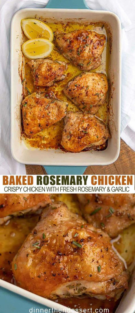 Baked Rosemary Chicken is a delicious, crispy baked chicken recipe with fresh rosemary and garlic thats ready in less than 45 minutes. #chicken #rosemary #rosemarychicken #baked #dinner #easydinner #weeknightmeal #crispychicken  #dinnerthendessert Baked Rosemary Chicken, Recipe Collage, Chicken Rosemary, Rosemary Chicken Thighs, Rosemary Chicken Recipe, Crispy Baked Chicken Thighs, Oven Baked Chicken Thighs, Baked Chicken Recipe, Lemon Rosemary Chicken