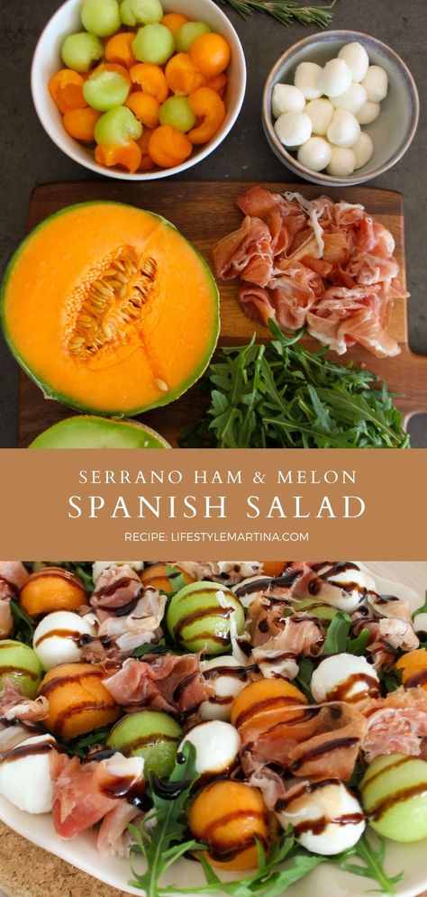 Serrano Ham Appetizers, Spanish Dishes Spain, Serrano Ham Recipes, Spanish Salad Recipes, Spanish Salads, Spanish Bbq, Spain Dishes, Spanish Lunch, Mediterranean Ingredients