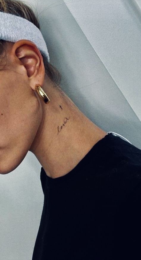 Love Neck Tattoo, Dainty Neck Tattoos, Side Neck Tattoos Women Words, Simple Neck Tattoos For Women, Tiny Neck Tattoos For Women, Neck Tattoo Inspiration, Side Neck Tattoo Writing, Hailey Bieber Tattoo, Cursive Neck Tattoo