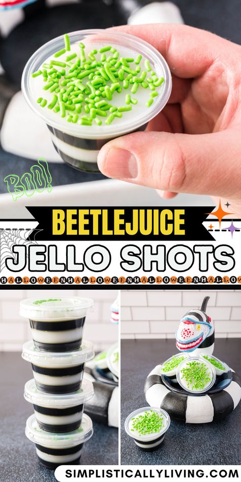 beetlejuice jello shots on table Oogie Boogie Jello Shots, Beetlejuice Jello Shots, Ghost Jello Shots, Spooky Jello Shots, Beetlejuice Cocktail, White Jello, Chocolate Shot, Beetlejuice Party, Halloween Party Desserts