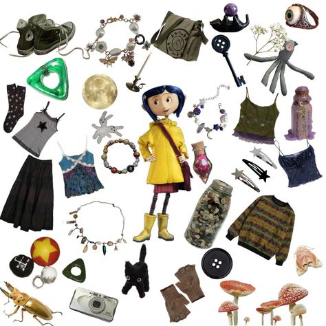 Coraline Core Outfits, Coraline Closet, Coraline Outfit Ideas, Coraline Aesthetic Outfit, Coraline Outfit Aesthetic, Coraline Inspired Outfits Summer, Caroline + Core + Aesthetic, Coraline Inspired Outfit, Coraline Clothes