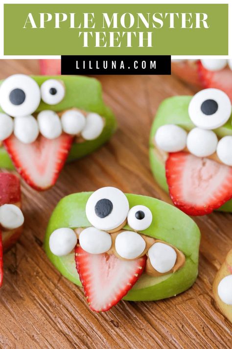 Apple Monster Teeth are a healthy and spooky snack, perfect for your Halloween spread. They are fun for the whole family! #applemonsterteeth #applemonster #halloween #halloweensnack Monster Snacks, Halloween Food Snacks, Apple Bites, Apple Treats, Easy Halloween Snacks, Halloween Snacks For Kids, Halloween Apples, Spooky Halloween Food, Recetas Halloween