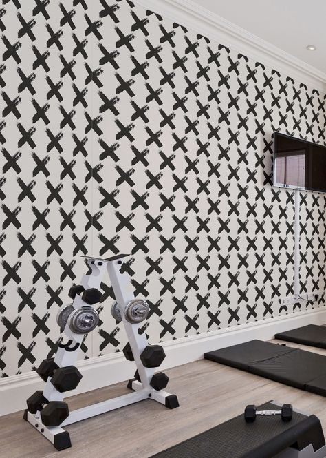 Home Gym Accent Wall Ideas, Wallpaper Workout Room, Home Gym Wallpaper Ideas, Peel And Stick Wallpaper Home Gym, Black And White Gym Wallpaper, Home Gym Wallpaper, Faux Brick Wall Home Gym, Gym Decorating Ideas, Small Gym