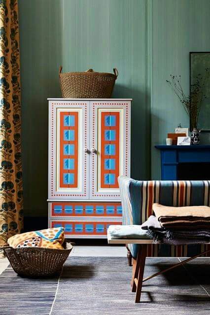 Cressida Bell, Painted Wardrobe, Painted Cupboards, Built In Cupboards, Geometric Decor, Wardrobe Doors, Hand Painted Furniture, House Garden, A Living Room