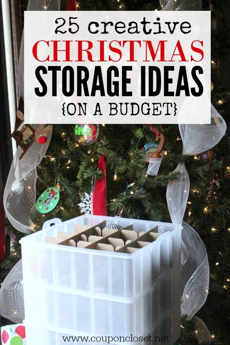 Easy Christmas storage ideas on a budget. Organizing Christmas Decorations doesn't have to cost your a fortune with these easy storage bins on sale. Diy Christmas Storage, Christmas Decoration Storage Ideas, Organizing Christmas Decorations, Diy Ornament Storage, Christmas Storage Ideas, Decoration Storage Ideas, Costume Organization, Storage Ideas On A Budget, Organized Christmas Decorations