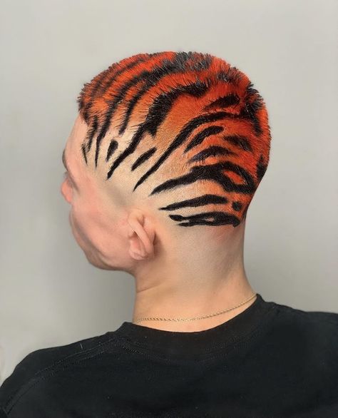 Tiger Stripes Hair, Tiger Hair, Shaved Head Designs, Hair Colour Design, Dyed Hair Men, Shaved Hair Designs, Buzzed Hair, Men Hair Color, Haircut Designs