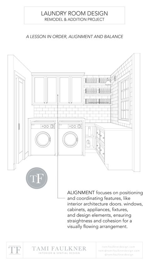 A DESIGN LESSON IN ORDER, ALIGNMENT AND BALANCE - SMALL LAUNDRY ROOM DESIGN — Tami Faulkner Design Dream House Sketch, Small Laundry Room Design, Compact Laundry Room, Laundry Room Floor, Tami Faulkner, Basement Construction, Custom Laundry Room, Custom Floor Plans, Laundry Room Flooring