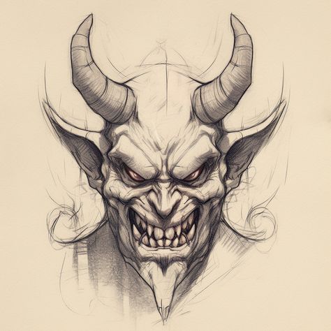 Demon Sketch Pencil, Krampus Sketch, Devil Drawings Sketches, Demon Tattoo Stencil, Demon Face Drawing, Devil Art Drawing, Demon Face Tattoo, Krampus Drawing, Demon Tattoo Designs