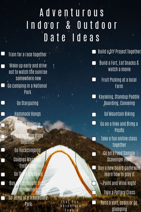 Best Adventurous Indoor and Outdoor Date Ideas! Oh wait there's even more! Check out this post and see all 100 of the date ideas! @thatoneadventurecouple #adventure #dateideas #couple #valentinesdayideas #coupledateideas #creativedates #outdoors #indoordates #outdoordates East Date Ideas, Date Experiences, Travel Date Ideas, Adventure Ideas With Boyfriend, Date Ideas Fancy, Outdoor Date Night Ideas Romantic, Outdoor Dates Ideas, Adventure Date Ideas, Date Night Ideas Outdoor