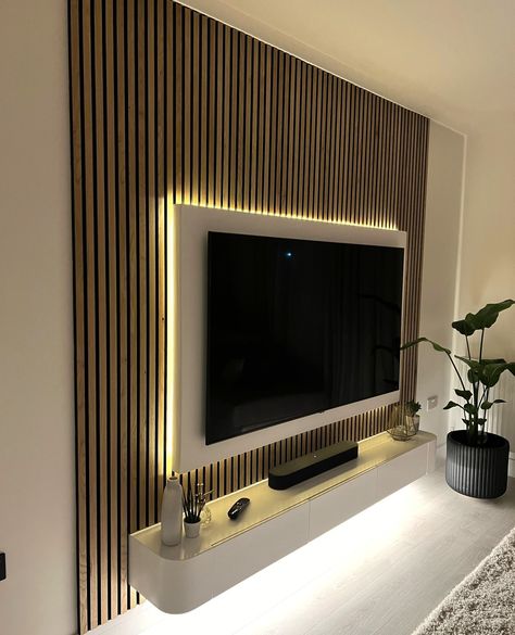 Wooden slat wall, wall panels & acoustic panels » WoodUpp Tv Wall Design Ideas, Entrance Tables, Floating Media Console, Wall Design Ideas, Feature Wall Living Room, Modern Tv Wall, Tv Panel, Tv Wall Unit, Tv Wall Design