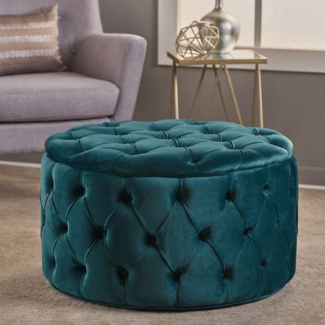 Hannah Tufted Round Ottoman | Costco Teal Ottoman, Teal House, Ottoman With Storage, Modern Ottoman, Velvet Ottoman, Floor Pouf, Tufted Ottoman, Fabric Ottoman, Round Ottoman