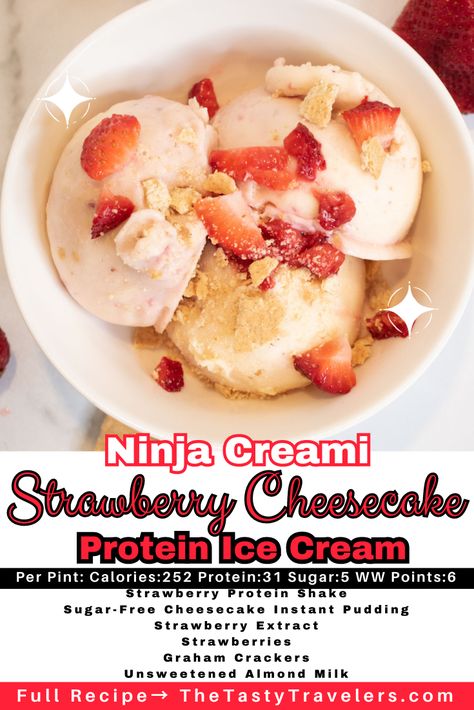 Is there anything better than a piece of cheesecake topped with strawberries for dessert? The smooth and creamy cheesecake mixes so well with the sweet strawberries and the crunchy graham cracker crust! Well, now you can have all of those great flavors and creamy texture in a high protein ice cream! Check out my recipe for making Ninja Creami Strawberry Cheesecake Protein Ice Cream! It tastes like cheesecake but in ice cream form...and with extra protein! #HighProteinDiet #IceCream Strawberry Protein Ice Cream, Ninja Creami Strawberry Protein Ice Cream, Ninja Creami With Premier Protein, Strawberry Cheesecake Ninja Creami Protein, Strawberry Cheesecake Protein Ice Cream, Ninja Creami Strawberry Cheesecake, Ninja Cremi Premier Protein, Strawberry Cheesecake Ninja Creami, Ninja Creami Ice Cream Recipes Premier Protein