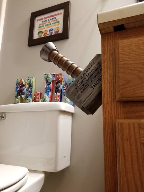 Avengers Bathroom, Marvel Bathroom, Lux Bathroom, Superhero Bathroom, Themed Bathroom Decor, Cool Toilets, Marvel Decor, Nerd Decor, Thor's Hammer Mjolnir