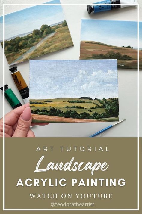 Beginner Acrylic Landscape Paintings, Simple Painted Landscapes, Countryside Acrylic Painting, Countryside Paintings Easy, Mini Landscapes Painting, Easy Acrylic Art For Beginners, Paint Sky Tutorial, Easy Landscape Paintings Tutorials, Realistic Acrylic Painting Landscape