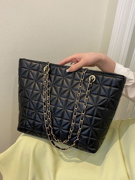 Black Elegant   PU Leather Quilted Shoulder Tote Bag Embellished   Women Bags Elegant Large Black Bag, Big Handbags For Women, Hand Bag Aesthetic, High-end Formal Tote Shoulder Bag, Large Luxury Black Bag, Luxury Black Shoulder Bag With Large Capacity, Elegant Black Medium-sized Bag, Hand Bags For Women, Big Handbags