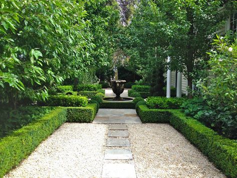 Formal Landscape, Landscape Stones, Boxwood Landscaping, Formal Garden Design, Boxwood Garden, Garden Hedges, Boxwood Hedge, Small Courtyard Gardens, Courtyard Gardens Design