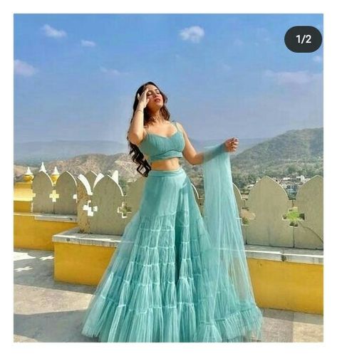 Shaadi Lengha, Lehenga Poses, Marriage Vibes, Sky Blue Lehenga, Traditional Poses, Ruffle Lehenga, Lehenga Choli Designs, Green Dinnerware, Net Gowns