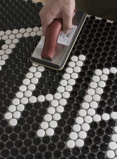 Diy Floor Mosaic, Penny Tile Floor Kitchen, Diy Penny Tile Pattern, Mosaic Porch, Mosaic Wall Art Diy, Mosaic Entryway, Guest Washroom, How To Install Tile, Tile Entry