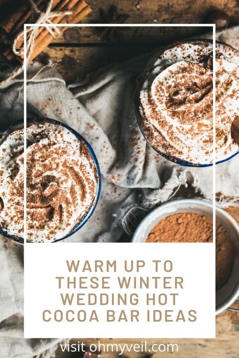 I love winter weddings. They are so beautiful. But, what do you offer your guests. I always suggest something to warm them up and a winter wedding hot cocoa bar is always at the top of list. Read this post now to get ideas for your special day. #winterweddings #Weddingplanning #winterweddinghotcocoabar #ohmyveilblog Winter Wedding Snacks, Hot Chocolate Bar At Wedding, Hot Cocoa Bar Wedding Fall, Wedding Hot Cocoa Bar, Wedding Hot Cocoa Bar Receptions, Wedding Hot Chocolate Bar Receptions, Winter Wedding Hot Cocoa Bar, Hot Cocoa Bar Wedding, Wedding Snack Bar