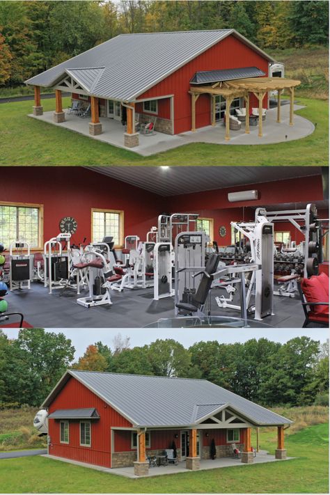 The building brings together a unique combination of features—including the interior’s home gym and mini man cave area, the sliding glass overhead door, and the gorgeous porch and pergola on the outside. Tina says there were a few things “they’ve probably never done before.” But, according to her, that actually made it a “fun” process for everyone. Home Gym Build, Barndominium Gym Ideas, Barndominium Home Gym, Workout Shed Gym, Outbuilding Gym, Gym Building Design Exterior, Barn Gym Ideas, Home Gym Building, Country Future