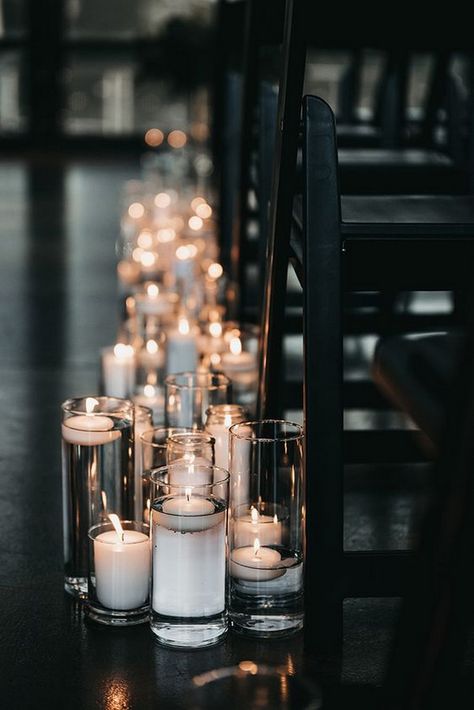 floating candles indoor wedding aisle #weddings #indoorweddings #weddingaisles Aisle Candles, Candlelit Ceremony, Wedding Aisles, Monochromatic Wedding, Floating Candles Wedding, Candlelit Wedding, Aisle Decorations, Wedding Isles, Wedding Ceremony Ideas