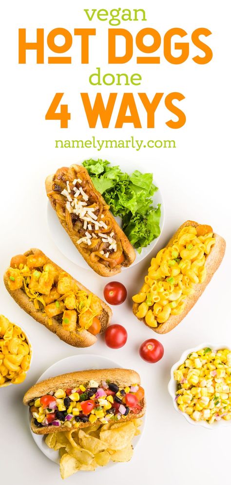 Learn first-hand how easy and delicious vegan can be with these Vegan Hot Dogs Done Four Ways. Create your own Vegan Hot Dog Bar to share with others! Vegetarian Hot Dog, Veggie Hot Dog, Sweet Potato Tater Tots, Vegan Hot Dog, Vegan Cheddar Cheese, Hot Dog Toppings, Hot Dog Bar, Vegan Dog, Cheese Dog