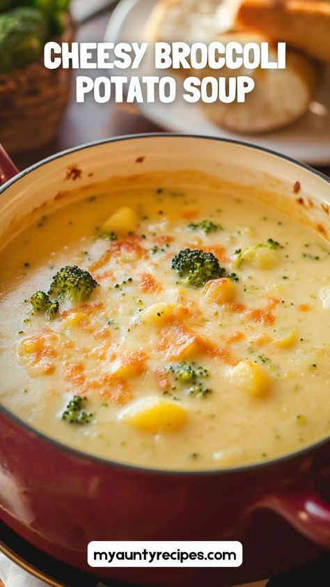 Creamy, cheesy, and loaded with tender potatoes and broccoli, this soup is the ultimate comfort food for fall recipes. Perfect for cozy dinners, it’s rich, hearty, and incredibly easy to prepare. Garnish with shredded cheese and crispy bacon for an extra indulgent touch. Cheesy Broccoli Potato Soup, Cheesy Vegetable Soup, Cheese Broccoli Soup, Potato Broccoli Soup, Cheesy Broccoli Potatoes, Broccoli Potato Cheese Soup, Food For Fall, Potato Cheese Soup, Potatoes And Broccoli