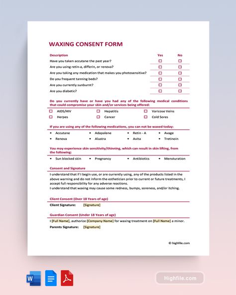 Waxing Consent Form Client Consent Forms Esthetician, Waxing Consultation Forms, Waxing Specialist, Waxing Consent Form, Waxing Business, Waxing Aesthetic, Waxing Aftercare, Informed Consent, Waxing Room