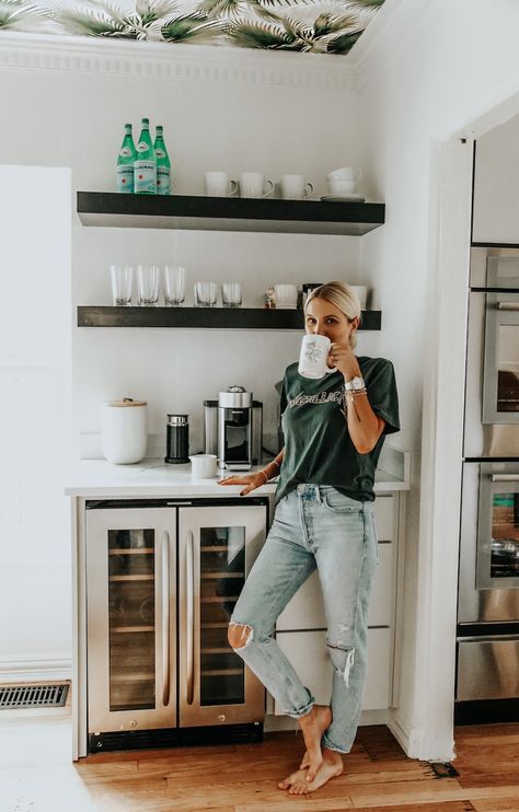 Coffee Bar With Window Above, Drinking Station Home, Drink And Coffee Bar, Master Coffee Bar, Small Beverage Bar, Coffee Beverage Bar, Mini Dry Bar Ideas, Coffee Station Home Ideas, Bedroom With Coffee Station