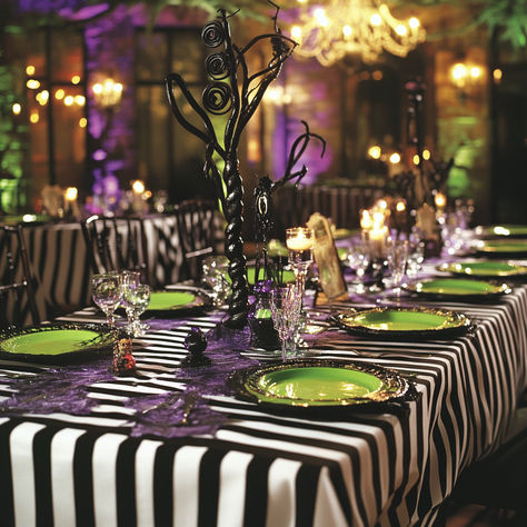 Read our new blog about creating your own Beetlejuice themed party Bettle Juice Party Theme, Beetlejuice Tablescape, Cute Halloween Party Ideas Decorations, Beetlejuice Themed Dinner, Beetlejuice Balloons, Beetlejuice Table Decor, Tim Burton Themed Party Food, Beetlejuice Centerpiece, Beetlejuice Birthday Party Decorations