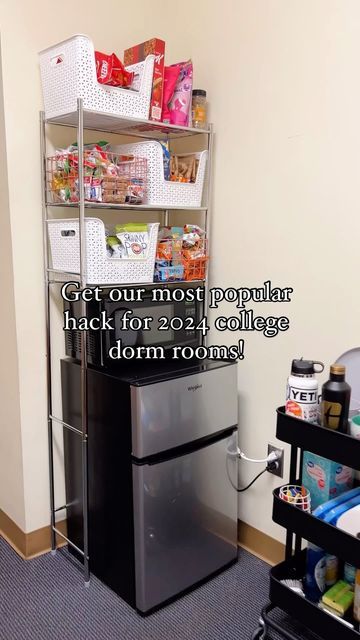 AnnMarie Christiano & Anne Zirkle | Simply2Moms on Instagram: "Over 6 million views and counting!🎉  Who knew our little hack would be so popular! Buy this cheap shelf and use as a snack station in a dorm room instead of over a toilet in the bathroom. So simple!🙌🏻  ‼️Tip - if your fridge is tall like this one just leave the bottom shelf off and it’s still just as sturdy.   Want the shopping link? Comment SNACK and I’ll send it to you! AnnMarie #simply2moms  #collegedorm #dormroom #collegefreshman #snacktime #collegeprep #collegemoveinday" Mini Fridge Snack Station, Shelf Over Fridge, Dorm Fridge Organization, Storage Above Fridge, On Top Of Fridge, Top Of Fridge, Over The Fridge, Above Fridge, Cheap Shelves