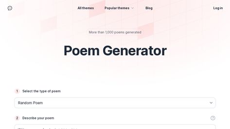 Poetry.tips is an AI Poem Generator for various types of poems including acrostic, ballads, blank verse, cinquains, couplets, diamante, elegies, epigrams, free verse, haikus, iambic pentameter, limericks, love poems, narrative poems and more #aitools #topaitools Poem Generator, Poetry Tips, Iambic Pentameter, Types Of Poems, Narrative Poem, Free Verse, Acrostic Poem, You Poem, Name Generator