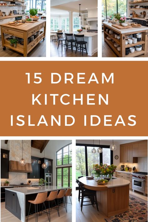 Get some kitchen island inspo and learn what kind of island would look best in your new kitchen. Kitchen Island Pillar Ideas, Styling Island Kitchen, Stained Oak Kitchen Island, Kitchen Island Contrasting Color, Kitchen Island Remodel, Kitchen Island And Table Combo, Kitchen Island Table Combo, Kitchen With 2 Islands, Kitchens With Islands