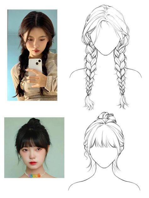 Different Bangs Styles Drawing, How To Draw Hair Bangs, Drawing Bangs Tutorial, Manga Hair Styles, Hair With Bangs Drawing Reference, Bang Drawing Reference, Bangs Drawings, Girl With Bangs Drawing, Hair Bangs Drawing