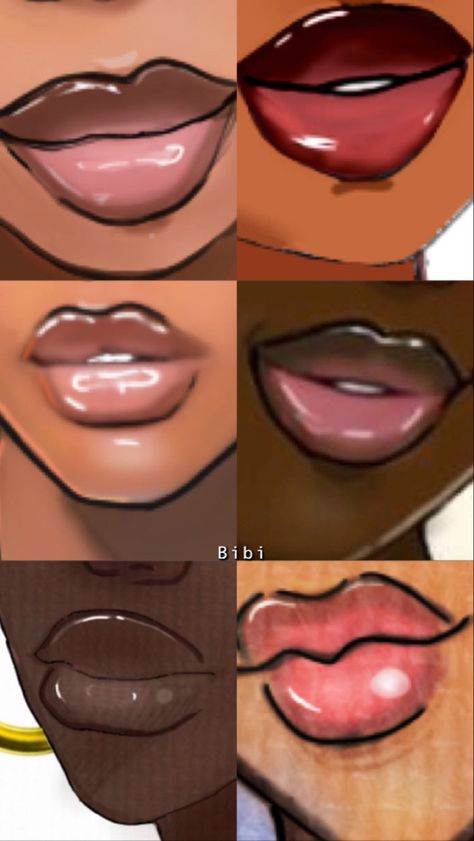 Brats Lips Drawing, Lip Smile Drawing, Poofy Hair Drawing Reference, Drawing Black Lips, How To Draw Glossy Lips, Black Lips Drawing Reference, How To Draw Black Lips, Drawing Lips Easy, Puckered Lips Drawing