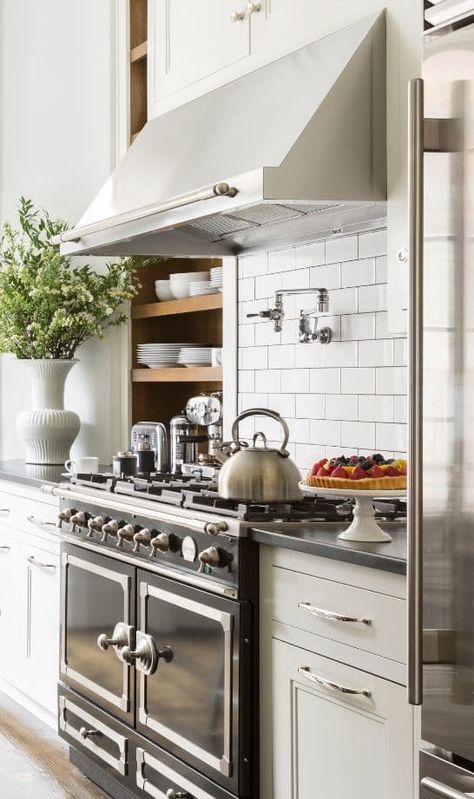 10 Things We Wish We Had in Our Kitchens for this Thanksgiving Modern Hood, Black Range, White Subway Tile Backsplash, Studio Mcgee, Trendy Kitchen, Modern Country, Favorite Kitchen, Black Kitchens, Hard To Get