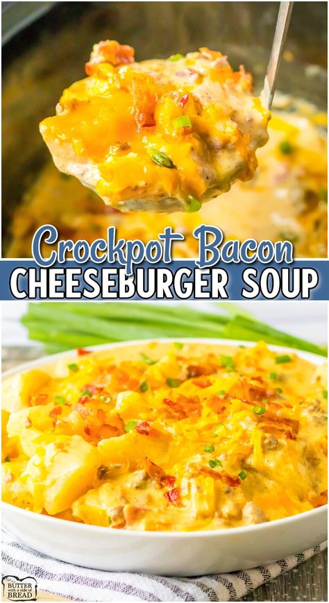 Crockpot Cheeseburger Soup is a hearty dinner full of flavor! This creamy hamburger soup recipe is made with ground beef, bacon, potatoes & a blend of savory seasonings everyone loves! Slow Cooker Bacon Cheeseburger Soup, Creamy Hamburger Soup, Hamburger Soup Crockpot, Hamburger Crockpot Recipes, Crockpot Cheeseburger Soup, Crockpot Cheeseburger, Cheeseburger Soup Crockpot, Hamburger Potato Soup, Ground Beef Potatoes