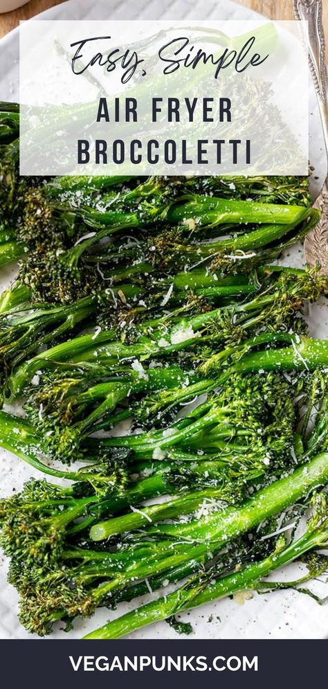 A large oval plate filled with air fried broccolini that's topped with shavings of vegan parmesan. Brocolini Recipes Airfryer, Broccoletti Recipes, Tenderstem Broccoli Recipe, Brocolini Recipes, Vegan Yorkshire Pudding, Roast Dinner Recipes, Sage And Onion Stuffing, Roast Dinners, Vegan Roast Dinner