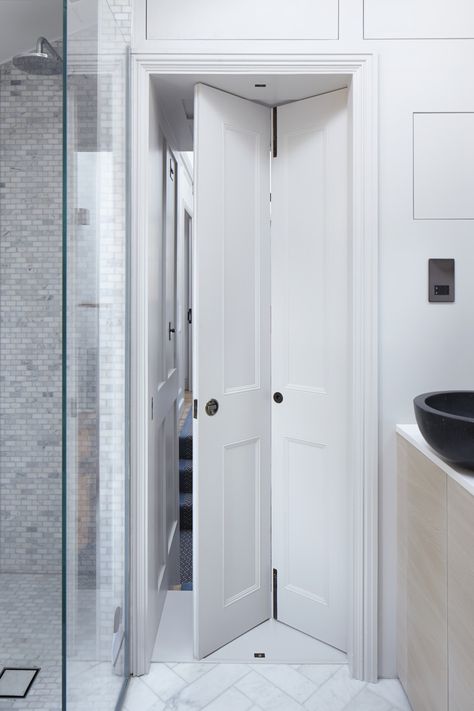 Foldable Bathroom Door, Small Bathroom Door Ideas, Small Bathroom Door, Doors For Small Spaces, Bathroom Door Ideas, Marsh House, Bathroom Layout Ideas, Space Saving Doors, Folding Doors Interior