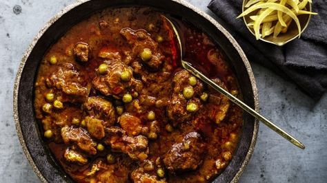 Neil Perry's braised lamb, peas and preserved lemon Recipe | Good Food Honey Snacks, Lemon Recipe, Preserved Lemon, Braised Lamb, Slow Cooked Lamb, Lamb Dishes, Honey Soy, Kitchen Plate, Preserved Lemons